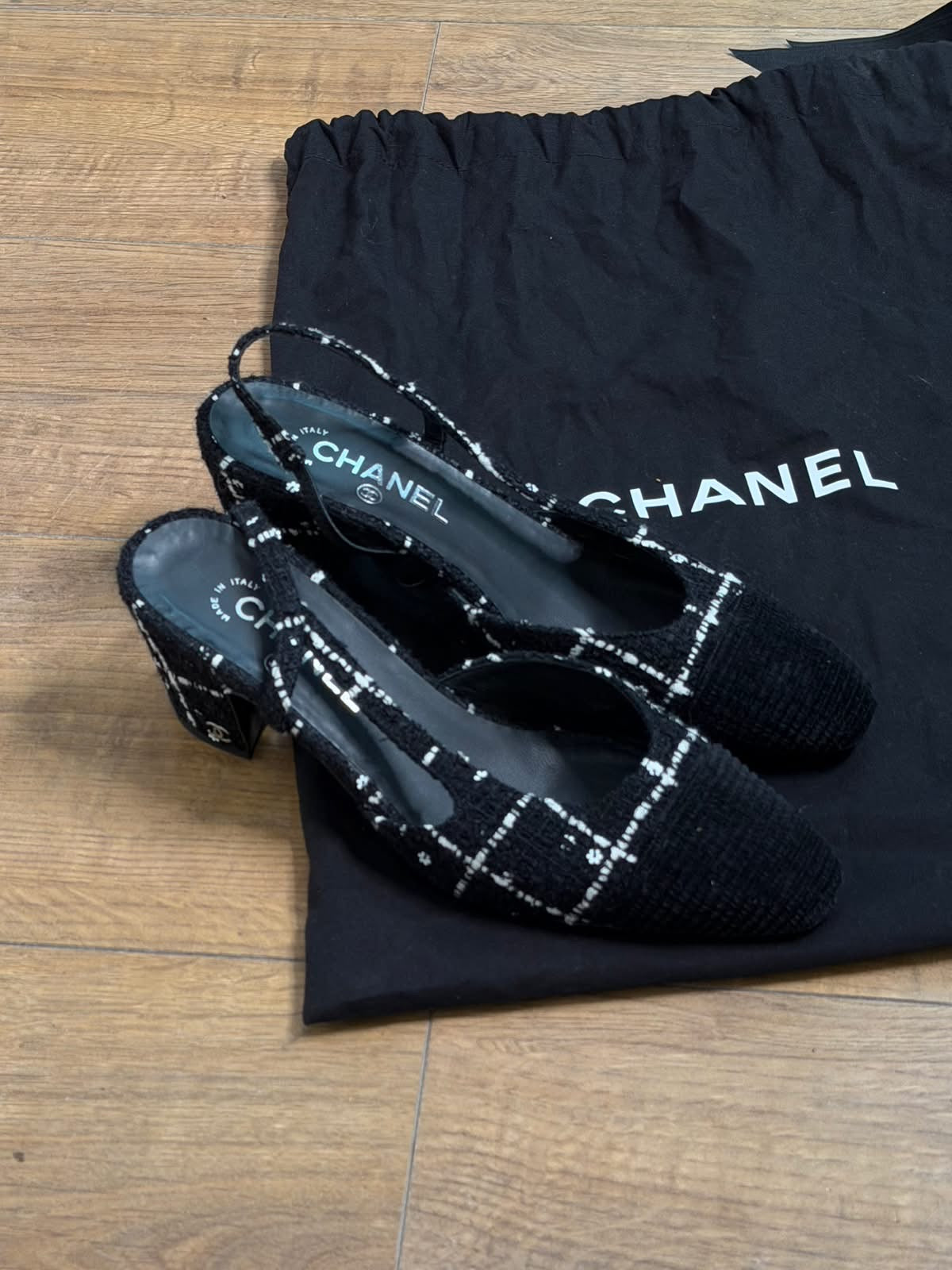 Chanel slingback tweed sandals